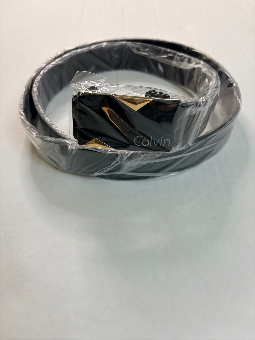 Calvin  Black Belt with Gold-Tone Geometric Buckle